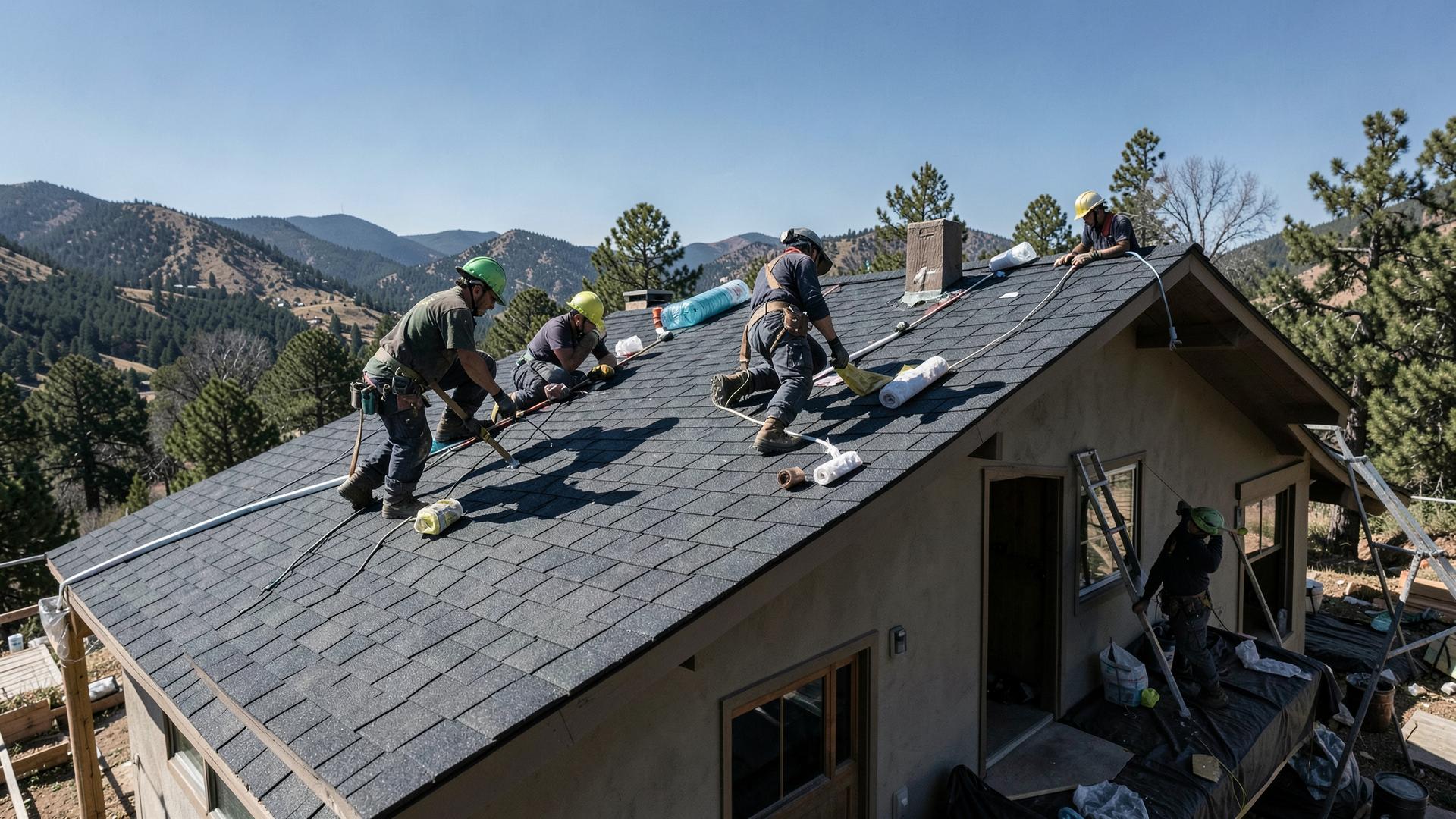 Roofing crew installing shingles on a home in Boulder, Colorado