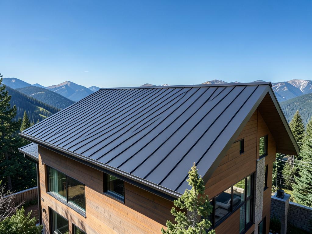 Standing seam dark metal roof on a mountain home