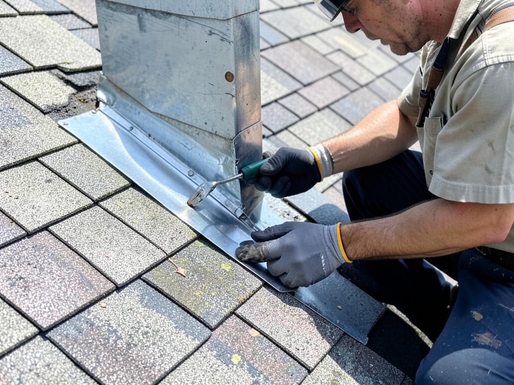 Roofer inspecting and repairing metal flashing around a chimney