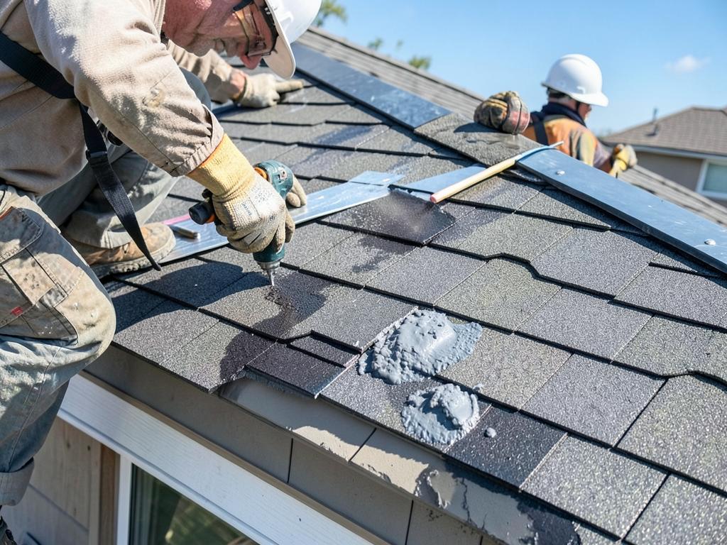 Roofing crew installing new architectural asphalt shingles on a home